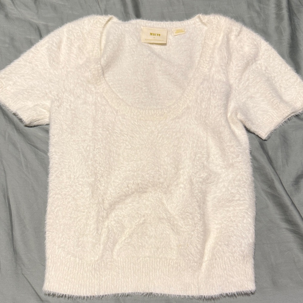 Maeve White Fuzzy Scoop Neck Sweater